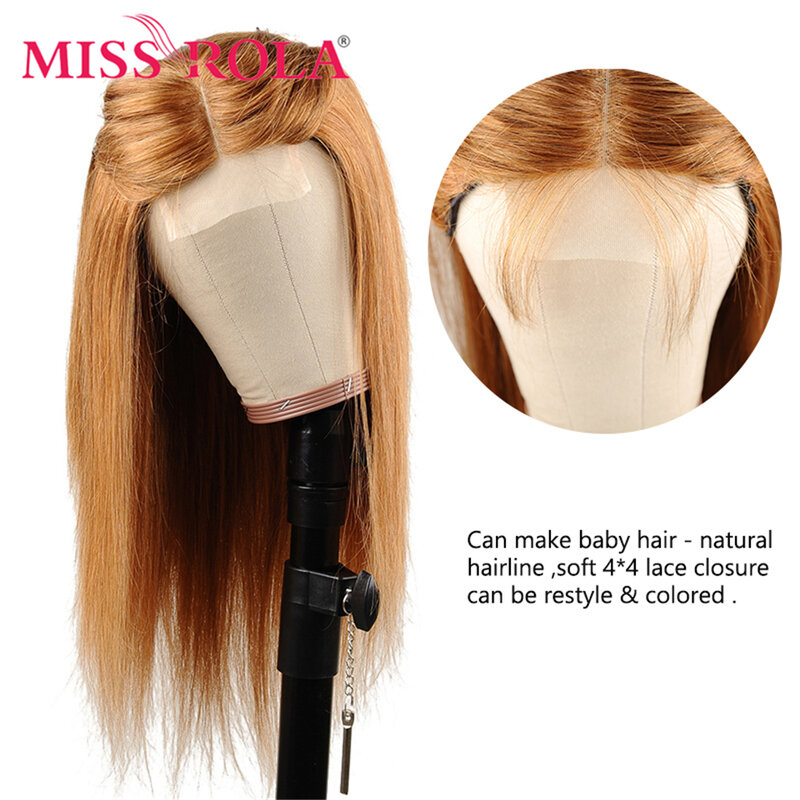 Miss Rola-Perruque Lace Closure Wig Remy Brésilienne Naturelle, Cheveux Humains, Ombré Blond Orange, Pre-Plucked, 4tage, 30 #, 99J