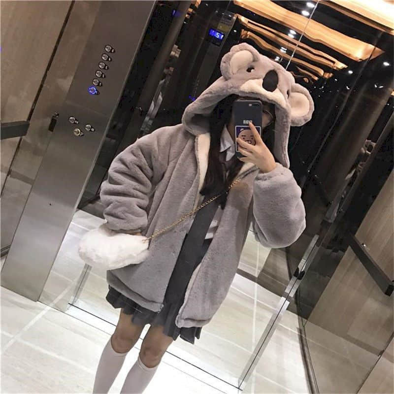Jaket Mewah Wanita Gaya Baru Jepang Gadis Lembut 2022 Musim Dingin Lucu Koala Telinga Jaket Bertudung Siswa Jaket Berbulu Tebal Gadis