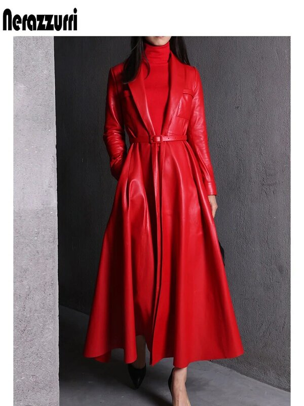 Mantel Hujan Kulit Pu Maxi Merah Hitam Kualitas Tinggi Nerazzurri untuk Wanita Mantel Panjang Ekstra Rok Elegan Mode 5xl 6xl 7xl