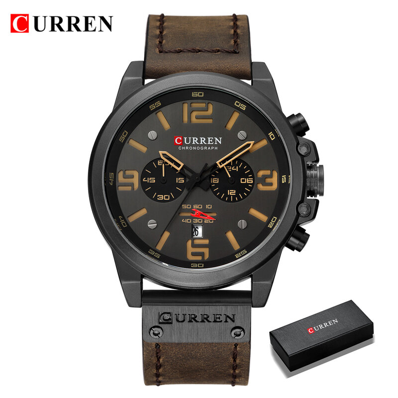 CURREN – reloj de pulsera deportivo para hombre, a prueba de agua, de cuarzo, militar, de cuero genuino, masculino
