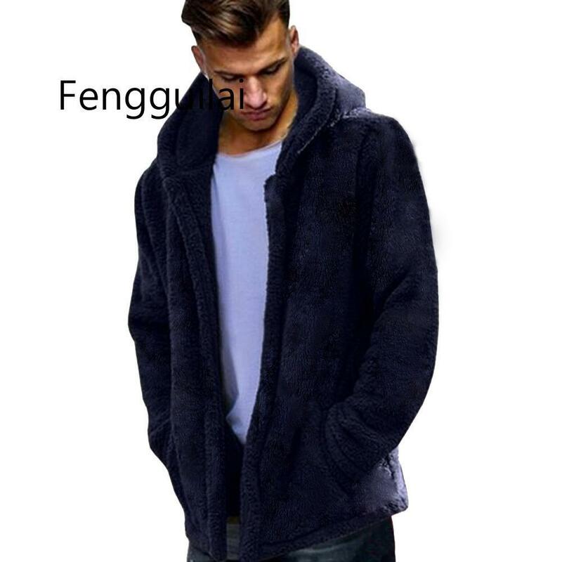 FENGGUILAI 남성 코트 가을 겨울 캐주얼 느슨한 양면 플러시 까마귀 솜털 양털 모피 재킷 후드 코트 겉옷
