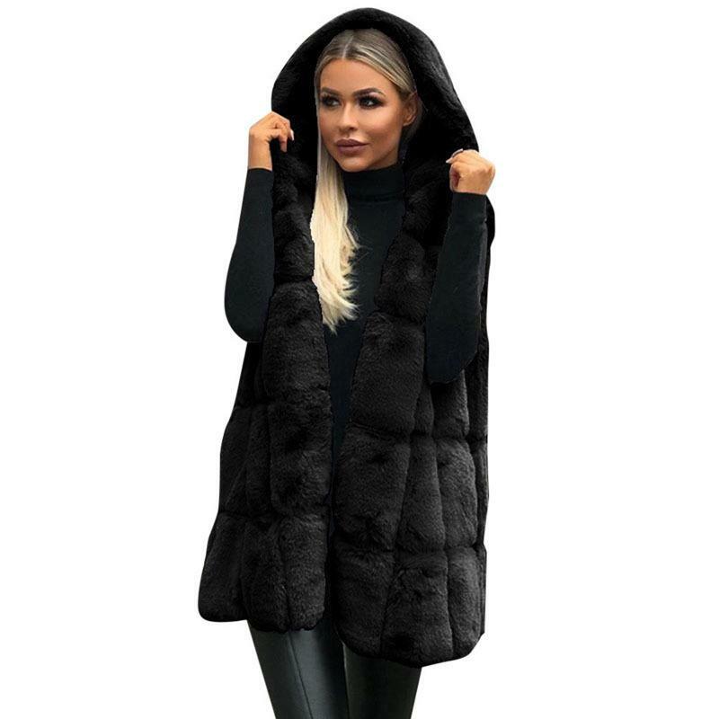 Chaleco de piel sintética con capucha para mujer, abrigo cálido y grueso de otoño e invierno, chaleco largo sin mangas, chaqueta de piel, abrigo sólido para mujer