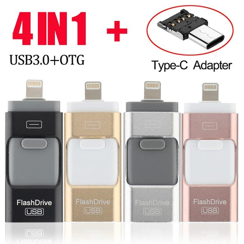 아이폰용 OTG USB 플래시 드라이브, C타입 어댑터 포함, 펜드라이브 usb3.0, 16GB, 32GB, 64GB, 128GB, 256GB, 512GB, 4 in 1
