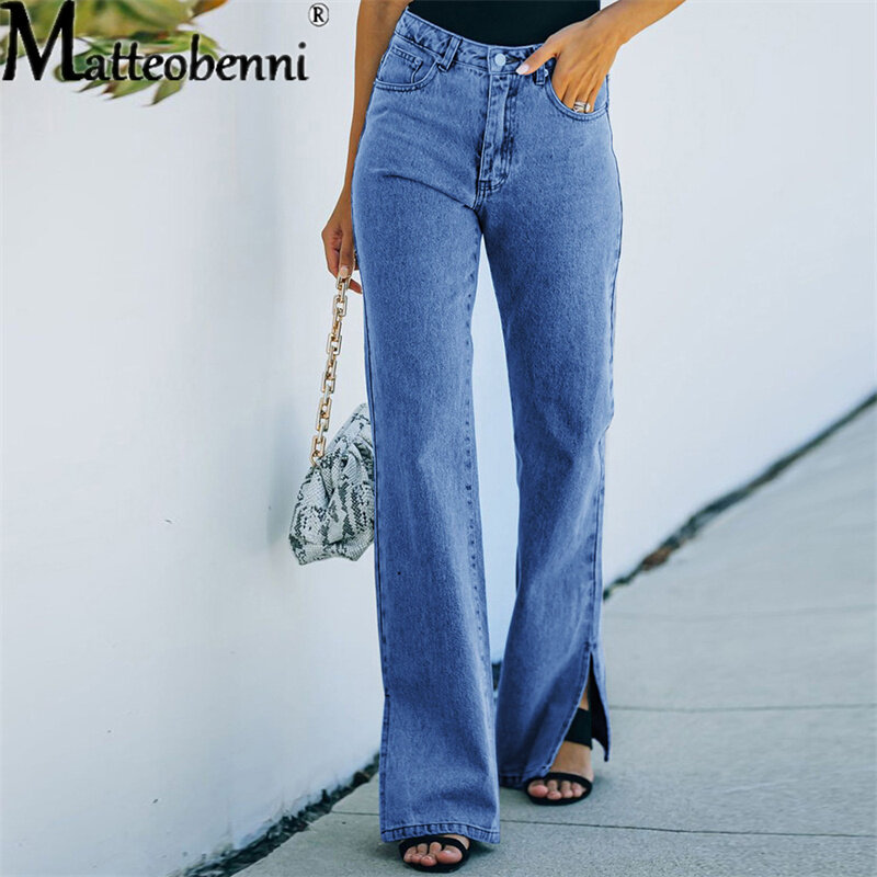 Damskie prosty podział dżinsy 2021 nowa jesienna ubrania damskie wysokiej talii w stylu Vintage casualowe w stylu Streetwear myte damskie spodnie jeansowe