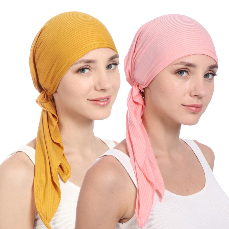 Topi Syal Kepala Pembungkus Warna Solid Katun Elastis Baru Topi Turban Muslim untuk Wanita Topi Hijab Bagian Dalam Topi Turbantes Wanita Mode