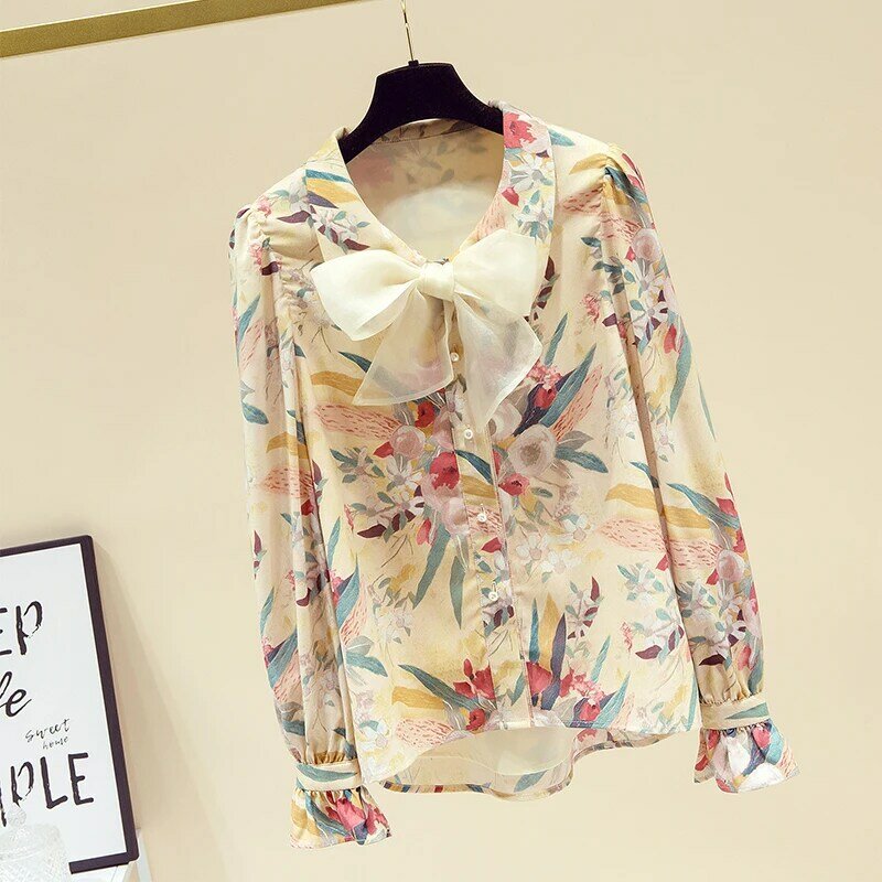 Fashion Women Shirt 2021 Spring New Floral Long Sleeves Chiffon Shirt Female Western Style Bow Tie Bottoming Shirt Printed Top