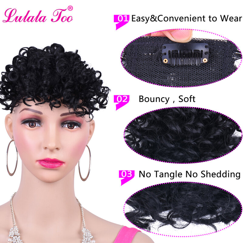女性用アフロウィッグ,偽のフリンジクリップ付きの人工巻き毛エクステンション,黒の自然な髪