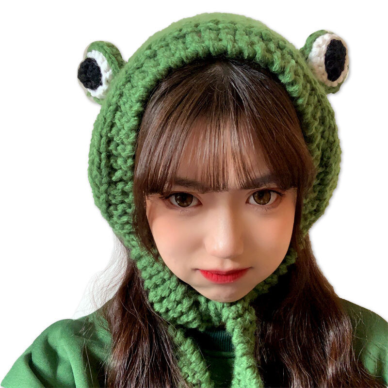 Frog bandana chapéu bonito crochê malha bandana ao ar livre grande olho sapo tampão earflap orelha acessórios de cabelo proteção