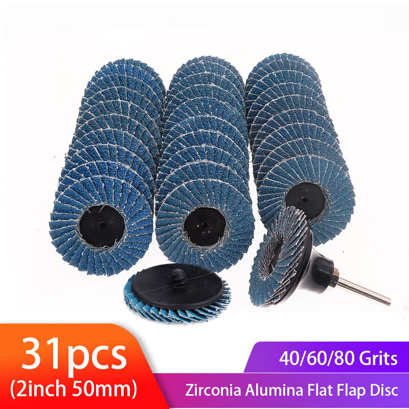 Zirconia Alumina Flat Flap Disc, Roll Lock, Moagem Lixa Rodas, Suporte, 40 Grit, 60 Grit, 80 Grit, 2 ", 31pcs
