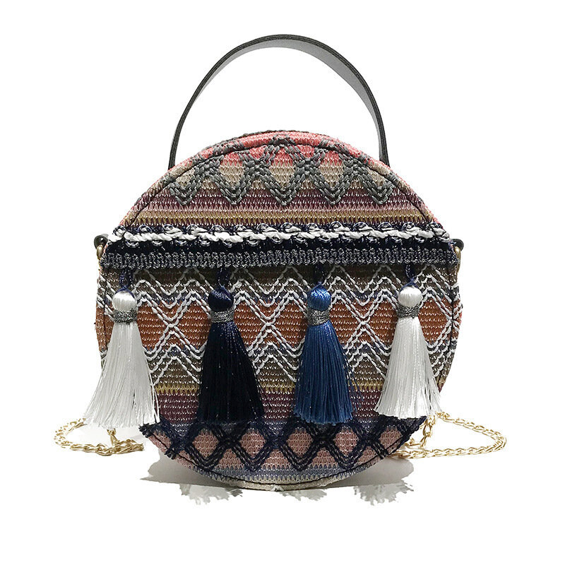 Small Women's Woven Bags Round Summer Knitting National Straw Mini Handbags for Girls Fashion Chain Beach Shoulder Crossbody Bag