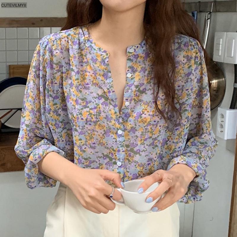 Camisa de manga longa floral feminina, camisa folgada com gola v estilo coreano para outono 2020