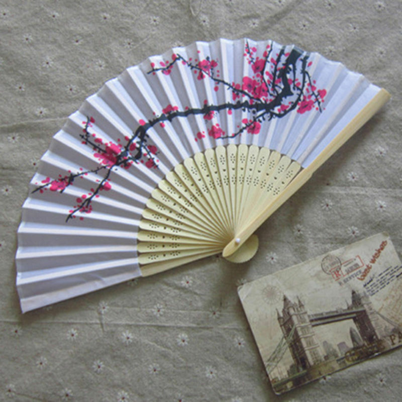 Classical Cherry Blossom Print Folding Hand Fans Flower Print Vintage Fan White Polyester Fans Summer Girls Dancing Fan
