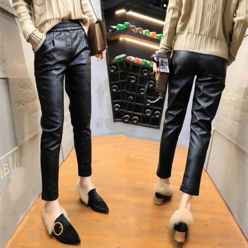 Pantalon en cuir PU pour femme, polaire, sarouel d'hiver, mode coréenne, taille élastique, décontracté, Simple, 2021