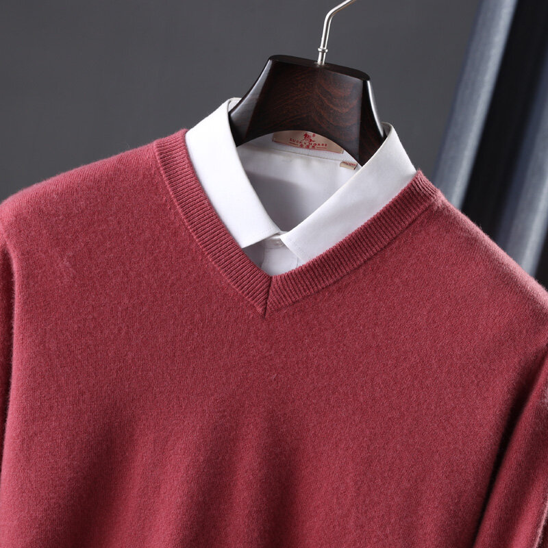 Suéteres 100% de lana australiana pura para hombre, jerseys tejidos de manga larga con cuello en V, jerséis de Color sólido, ropa de lana para hombre, Invierno 2021