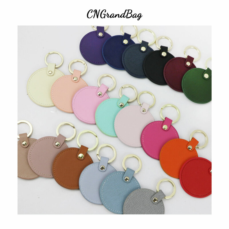 Free Custom Initial Letters Girls Saffiano Leather Keychain Round Key Ring Female Key Chain Gift With Monogrammed Letters