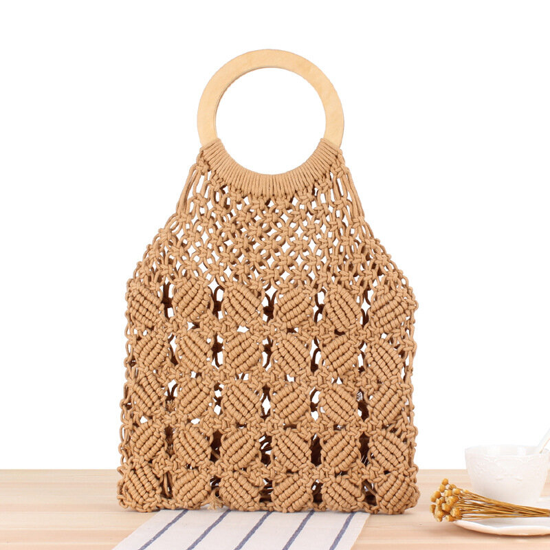 حقيبة يد نسائية منسوجة من القش الطبيعي ، حقيبة شاطئ منسوجة يدويًا ، حبل قطني ، مقاس 30 × 40 سنتيمتر ، a7161