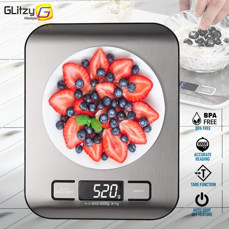 Balance Cuisine Electronique 5kg/10kg Ultra-mince avec Grand Ecran LCD Balance Alimentaire Inox avec Précision de 1g & 4 Unités de Pesée Fonction Tare