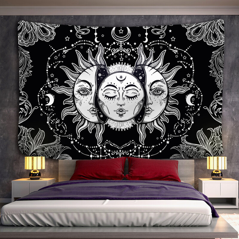 Mandala-印刷された壁のタペストリー,装飾用のタロットヒッピー,太陽と月,黒と白