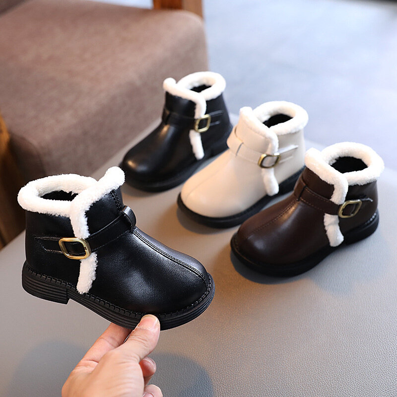 Chaussures chaudes unisexes en coton pour enfants, bottes en peluche, à la mode, d'hiver, en cuir, bottines antidérapantes, marron, noir, Beige, 1-7T