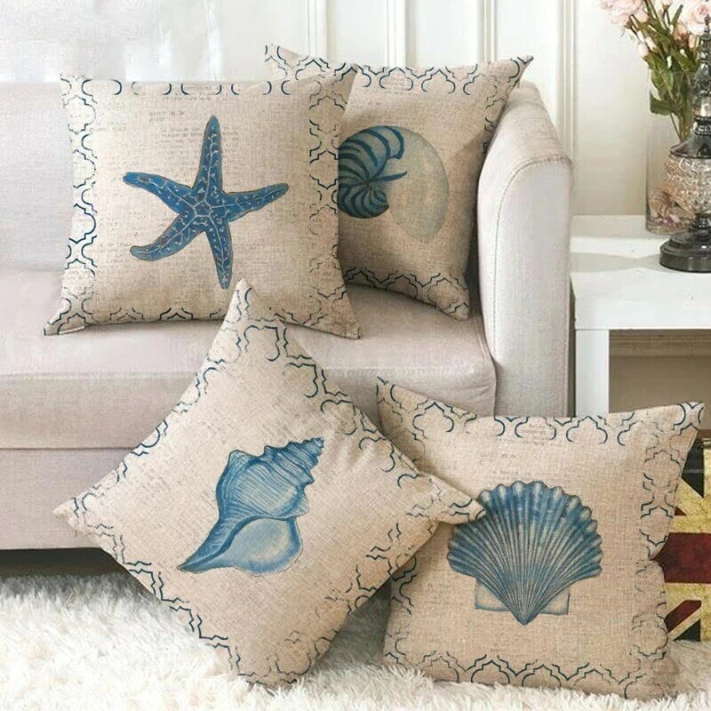 Fronha de almofada decorativa, capa de almofada de linho marítimo mar marinho com concha de estrela do mar, decoração decorativa de casa para sofá