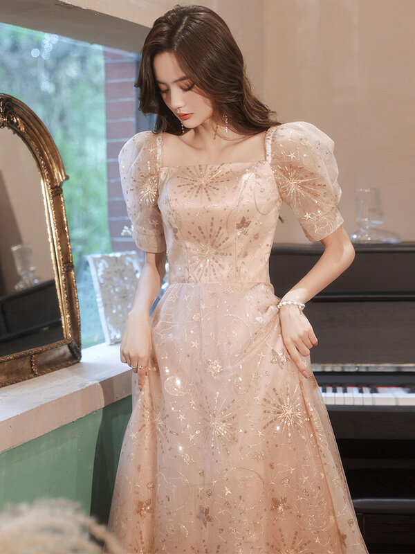 Women's Formal Prom Dresses Sequined Illusion Full Sleeve Graceful Celebrity Dresses Floor-Length Lace Embroidery Evening Dress