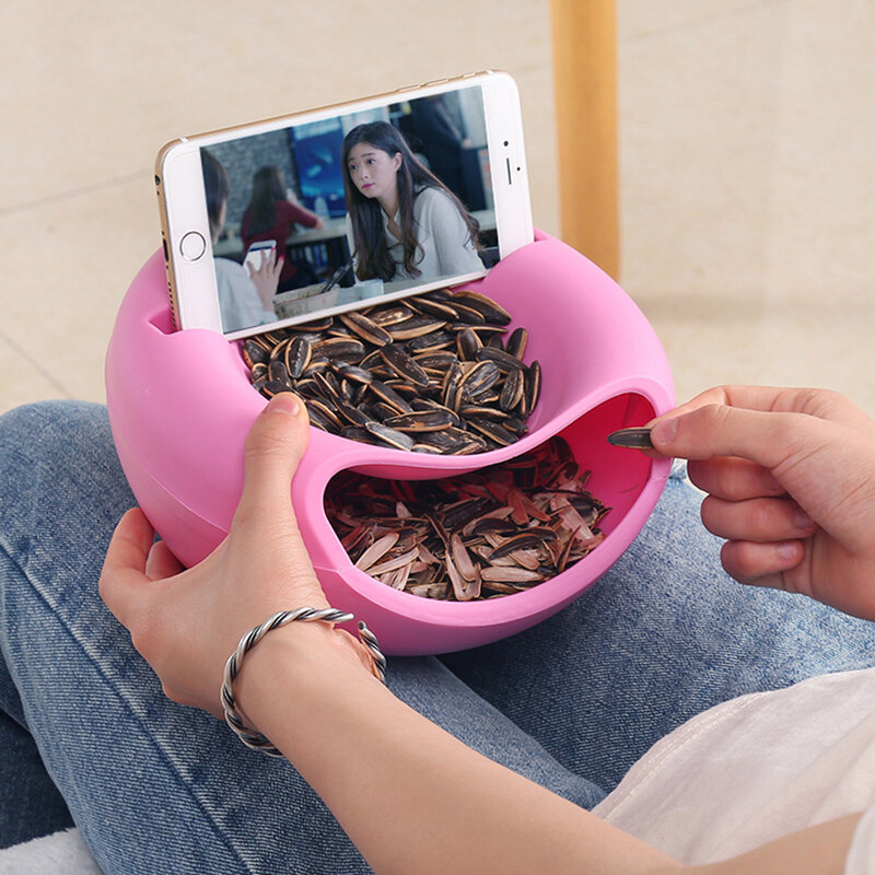 Plastic Lazy Snacks Bowl Plastic Double Layers Storage Box Bowl Fruit Dish Nut Candy Fruit Plate Bowl With Phone Holder Dropship