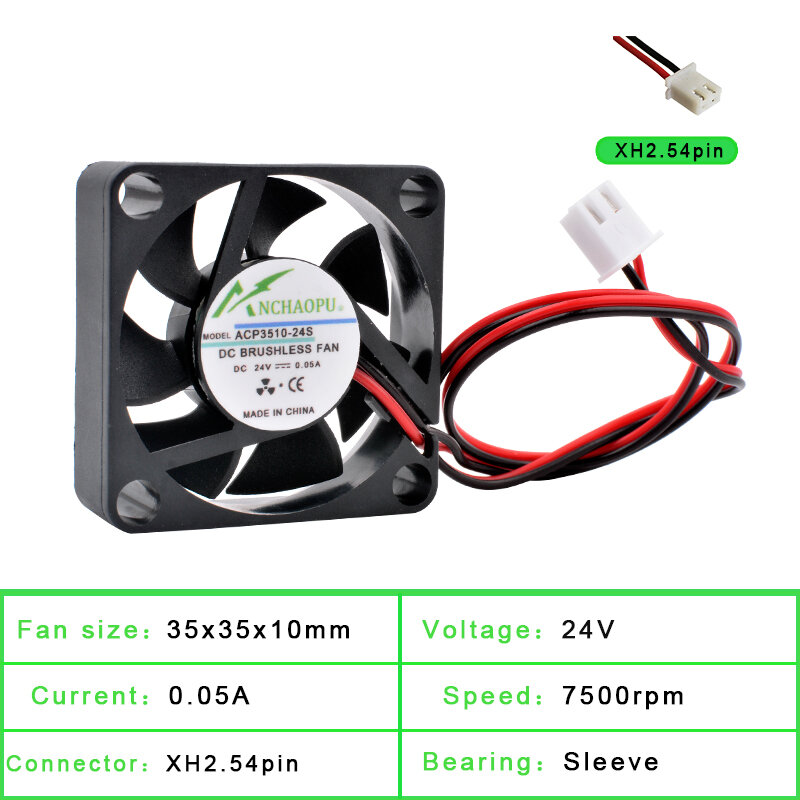 마이크로 장치 라우터 프로젝터용 냉각 팬, ACP3510, 3.5cm, 35mm, 35x35x10mm, DC5V, 12V, 24V, 2 와이어, 2 핀
