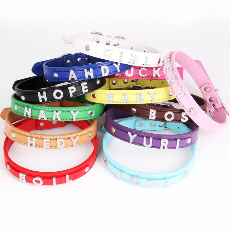 12 Colors Custom ID Name Pet Cat Dog Collar Personalized Leather Puppy Collars for Small Medium Large Dog with Rhinestone Letter