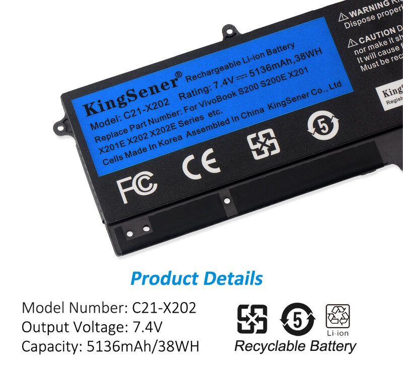 KingSener-Batería de C21-X202 para ordenador portátil, Pila de 5136mAh para ASUS VivoBook S200 S200E X201 X201E X202 X202E S200E-CT209H S200E-CT182H, S200E-CT1