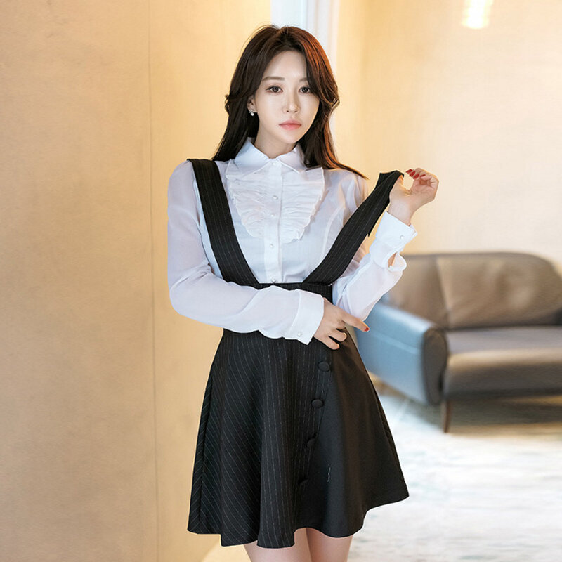 Neue ankunft mode koreanische set frauen frühling OL elegante casual langarm bogen weißes hemd und gestreiften a-line kleid zwei stück set