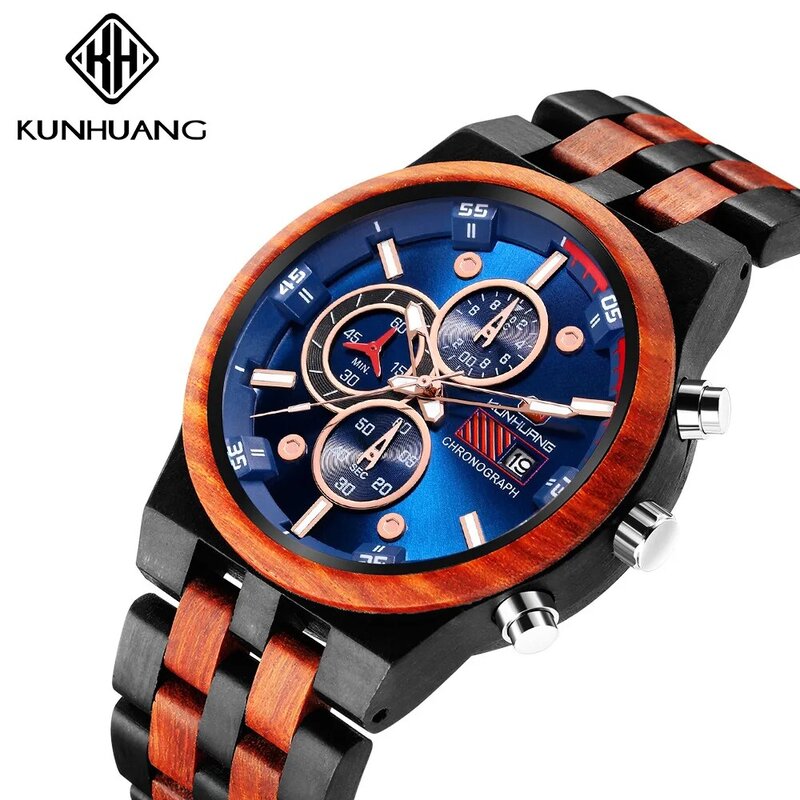 Relógio masculino de madeira, relógio de pulso multifuncional esportivo de madeira com calendário e luz noturna de quartzo