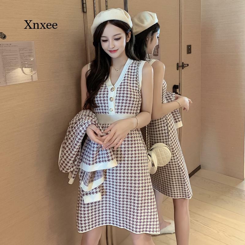 2021 Autumn and Winter New Women's Knitted 2-Piece Single-Breasted Cardigan Jacket Warm Sweater Jacket + Knitted Vest Dress