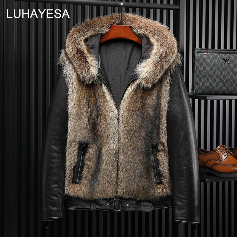LUHAYESA – manteau en fourrure de raton laveur 2021 naturelle pour homme, veste décontractée en cuir de mouton, mode hiver 100%