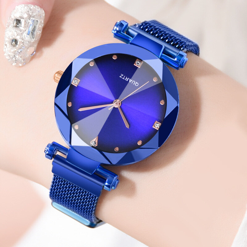 Новый дизайн Модная одежда для девочек из сетчатой ткани с магнитной пряжкой звездное небо часы на каждый день роскошные женские Геометрическая поверхность кварцевые часы Relogio Feminino