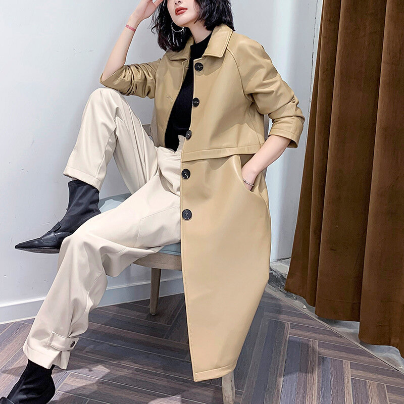 봄 가을 여성의 새로운 디자이너 고품질의 양피 가죽 Trecn 코트 핫 세련된 정품 가죽 오버 코트 B484