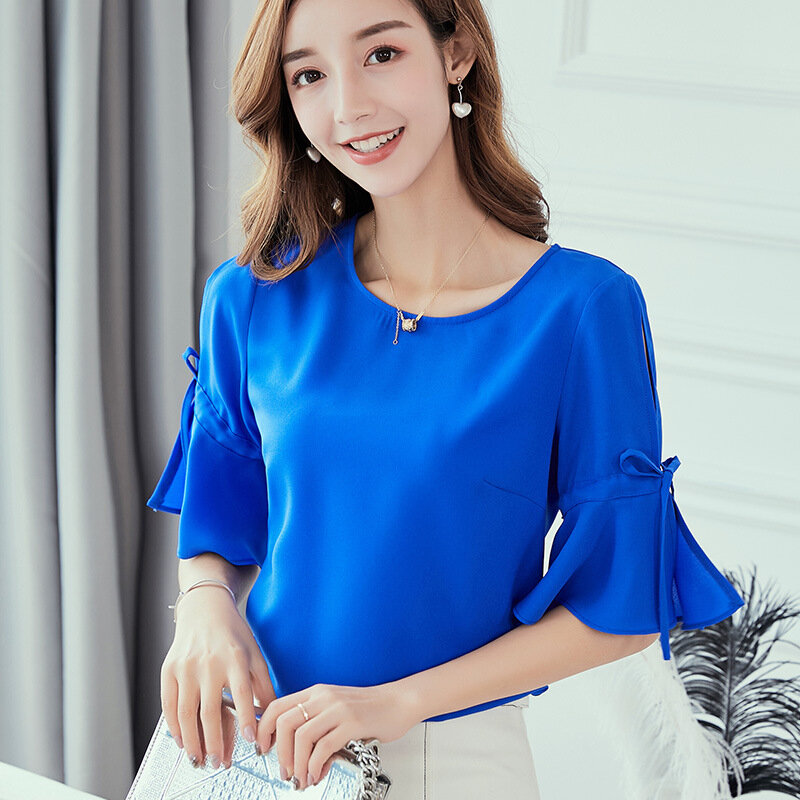 Womens Blouses Office Casual O Neck Flare Sleeve Off Shoulder Slim Shirts Summer Blouse 2020 Streetwear Red Top Blusas