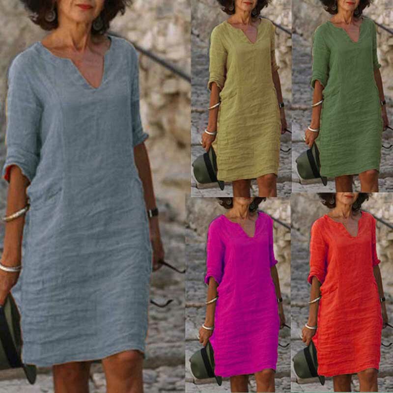 Vintage Women Solid Mini Dress Summer Fashion V-neck Three Quarter Sleeve Cotton Linen Dress Ladies Casual Holiday Vestidos