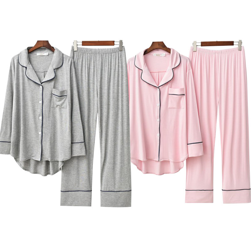 Conjuntos de pijama de manga comprida feminino, monocromáticos, modais soltos, respiráveis, macios, confortáveis, roupas de casa, estilo coreano, 2 peças