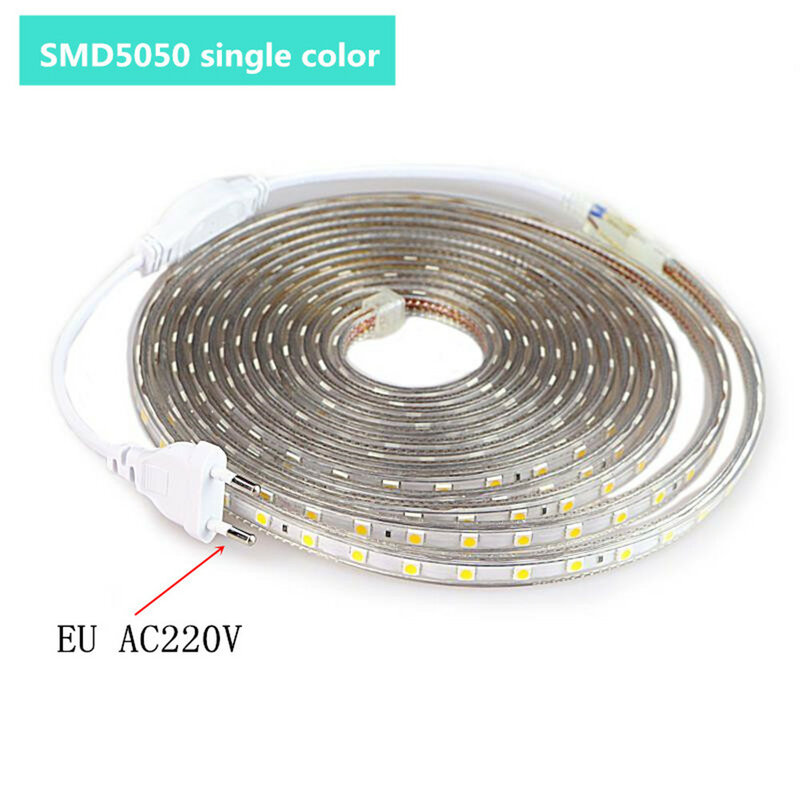 LED Strip SMD 5050 AC220V Waterproof Flexible Llight Ribbon Tape 220V EU Plug Lamp Outdoor String 60LEDs/M For Christmas Holiday