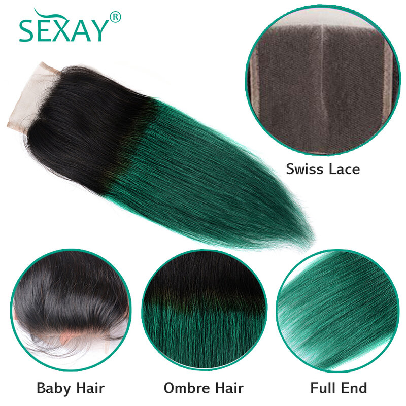 Sexay turkusowe proste zestawy z zamknięciem Ombre zielone brazylijskie ludzkie włosy splot wiązki z 4x 4 zamknięcie koronki środkowa część