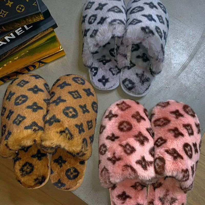 Fashion solid color printing all-match warmth plush Home slippers 2021 Spring and Autumn New Round Toe Large Size Flat Slippers