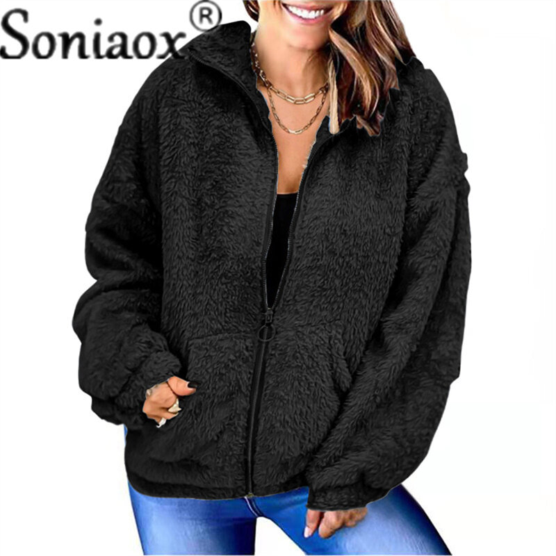 Jaket Wanita Musim Dingin 2021 Mantel Bertudung Mewah Hangat Longgar Kasual Cardigan Ritsleting Bulu Palsu Mode Atasan Jaket Pakaian Luar Retro Mantel