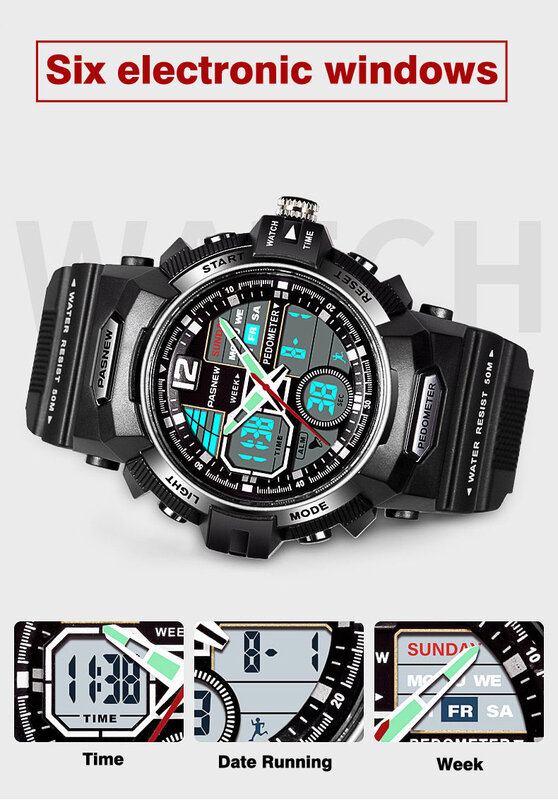 PASNEW Top Brand Men's Watches Fashion Blue Sport Watches Men Dual Display Analog Digital Quartz Wristwatches 50 Waterproof Swim