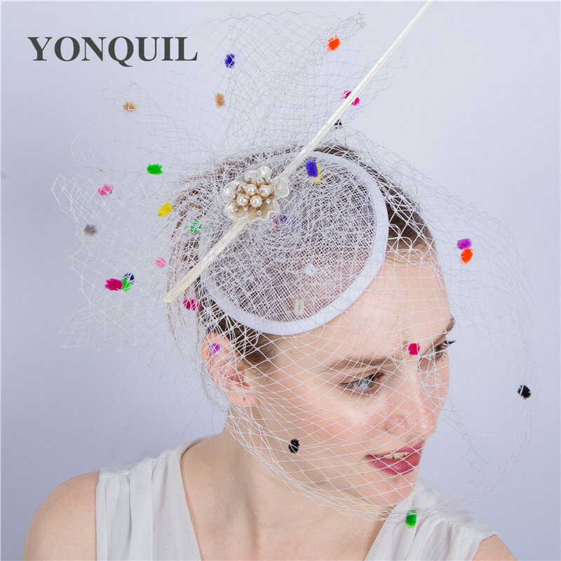 Sombrero de boda a la moda para mujer, tocado Floral con velos de puntos coloridos para mujer, para banquete, con sombrerería de fiesta