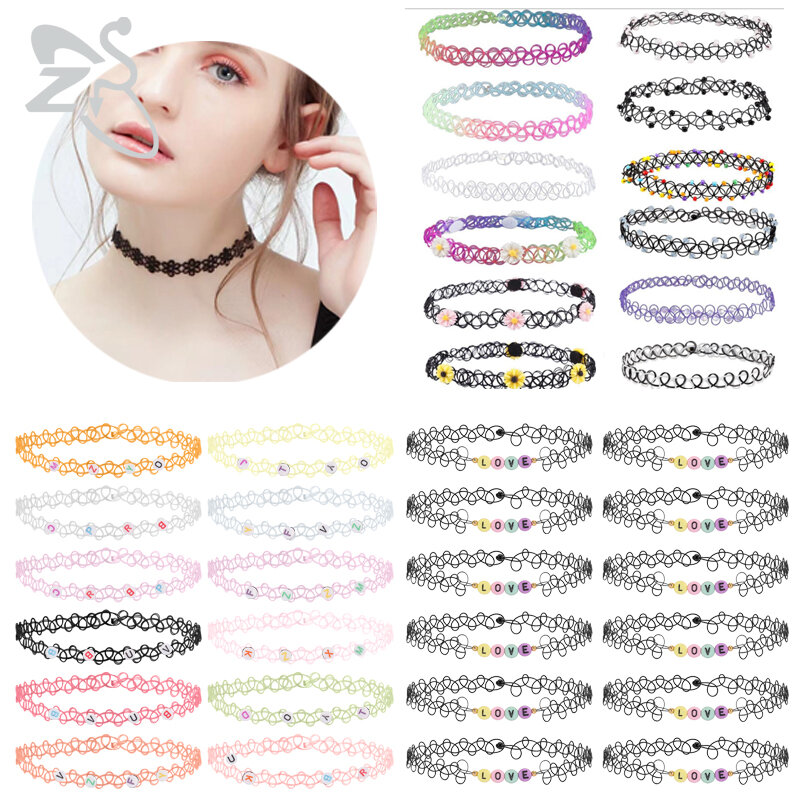ZS 12pcs/set Mixed Color Tattoo Chocker Necklace for Women Girls Vintage Stretch Elastic Chain Necklace Gothic Punk Necklaces