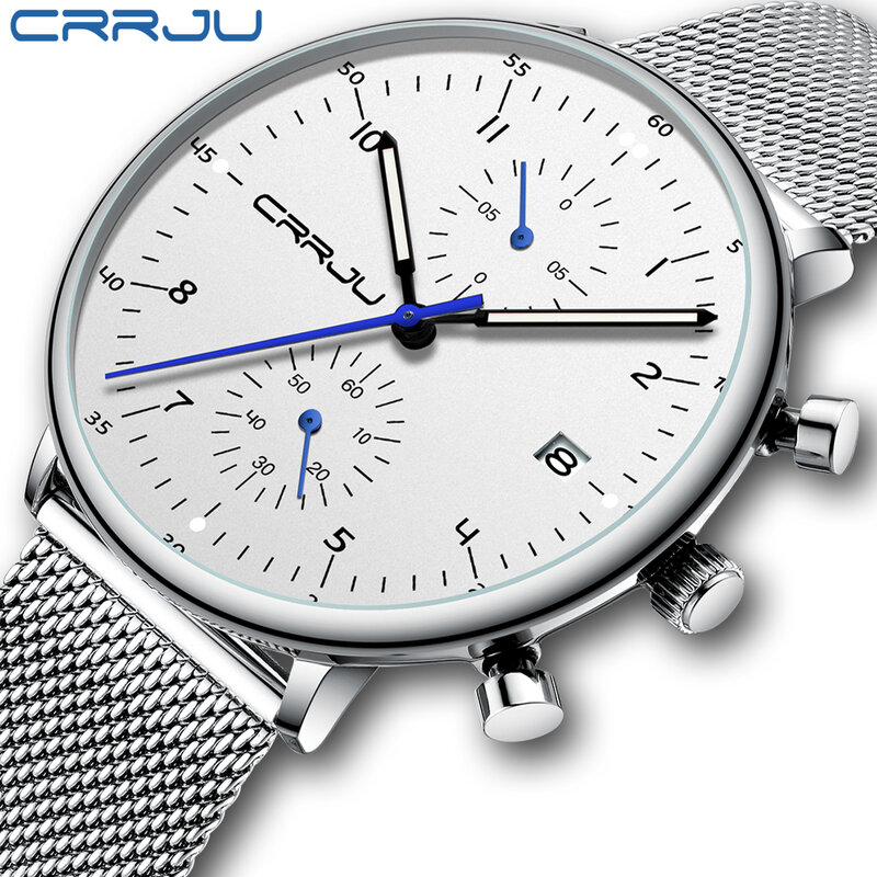 Crrju الرياضة ساعة الحد الأدنى ساعة فاخرة الرجال أنيق الحديثة عادية تاريخ الصلب ساعة رجالي ساعة كوارتز بكرونوجراف Montre أوم