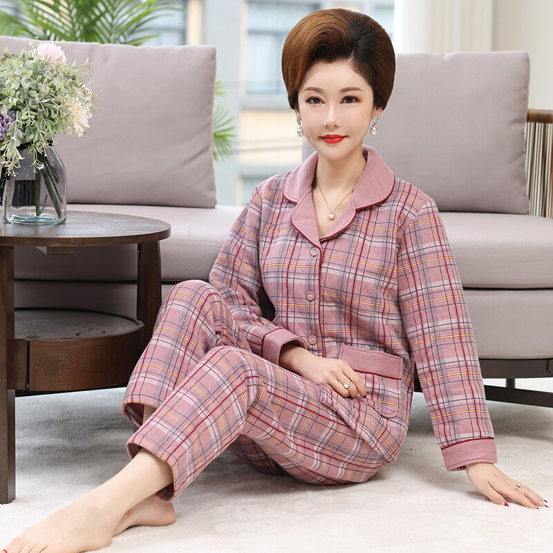 Winter Thick Warm Women's Clip Cotton Pajamas Plaid Sleepwear Suit Long Sleeve Cardigan Casual Soft Female Homewear