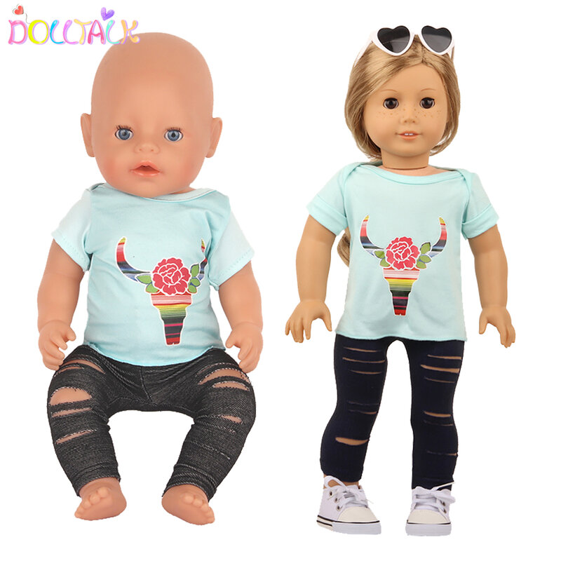 18 zoll Amerikanischen Puppe Persönlichkeit Puppe Kleidung Set Zerrissene Hosen + Ox Kopf T-shirt Anzug Zubehör Fit 43cm Neue geboren Bebe Puppen