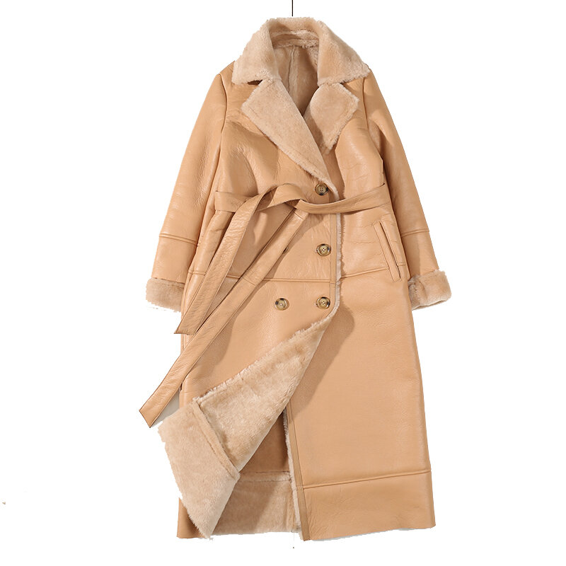 Abrigo de piel de oveja negro para mujer, chaqueta con cinturón de cizallamiento, abrigo de piel auténtica marrón cálido de talla grande, ropa de moda para invierno