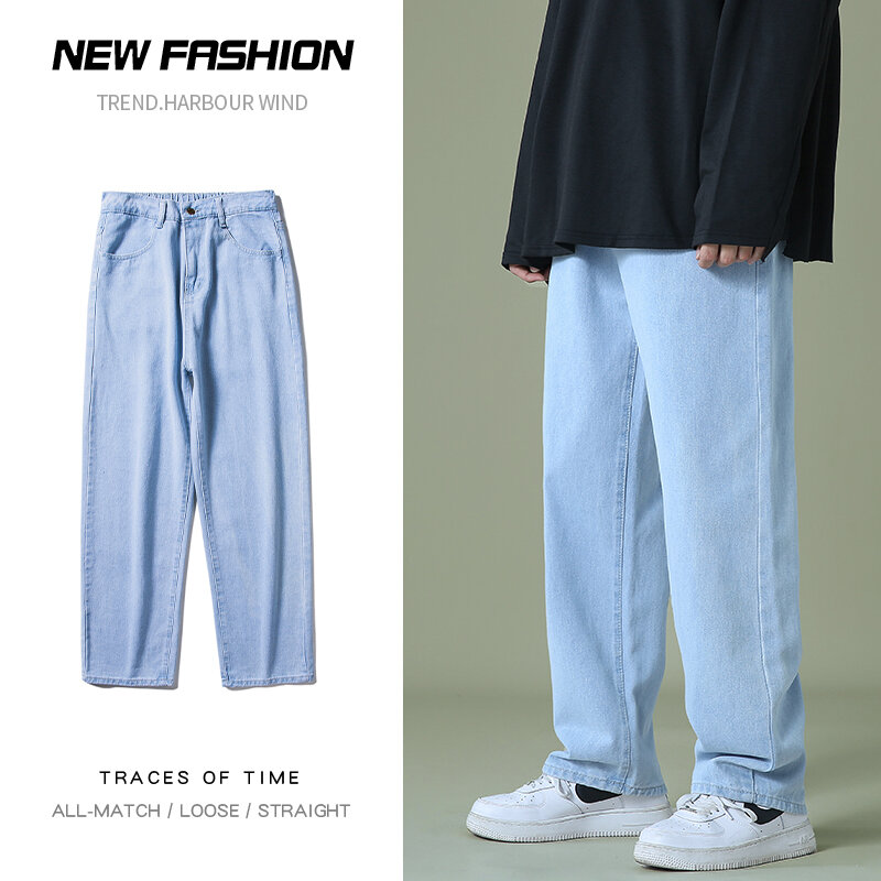 Novo outono dos homens denim calças de perna larga estilo coreano luz azul baggy jeans cintura elástica estudante masculino preto cinza